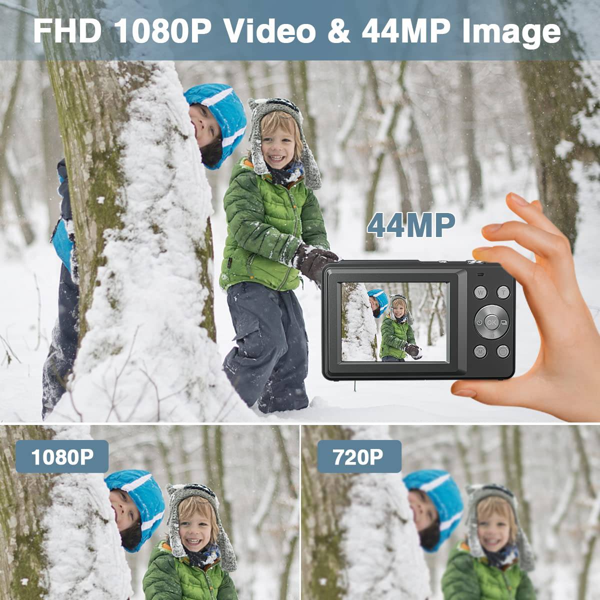 Zwei Kinder, warm angezogen, spielen im Schnee. Ein eingefügtes Bild vergleicht die Fotoqualität: „FHD 1080P Video & 44MP Image
