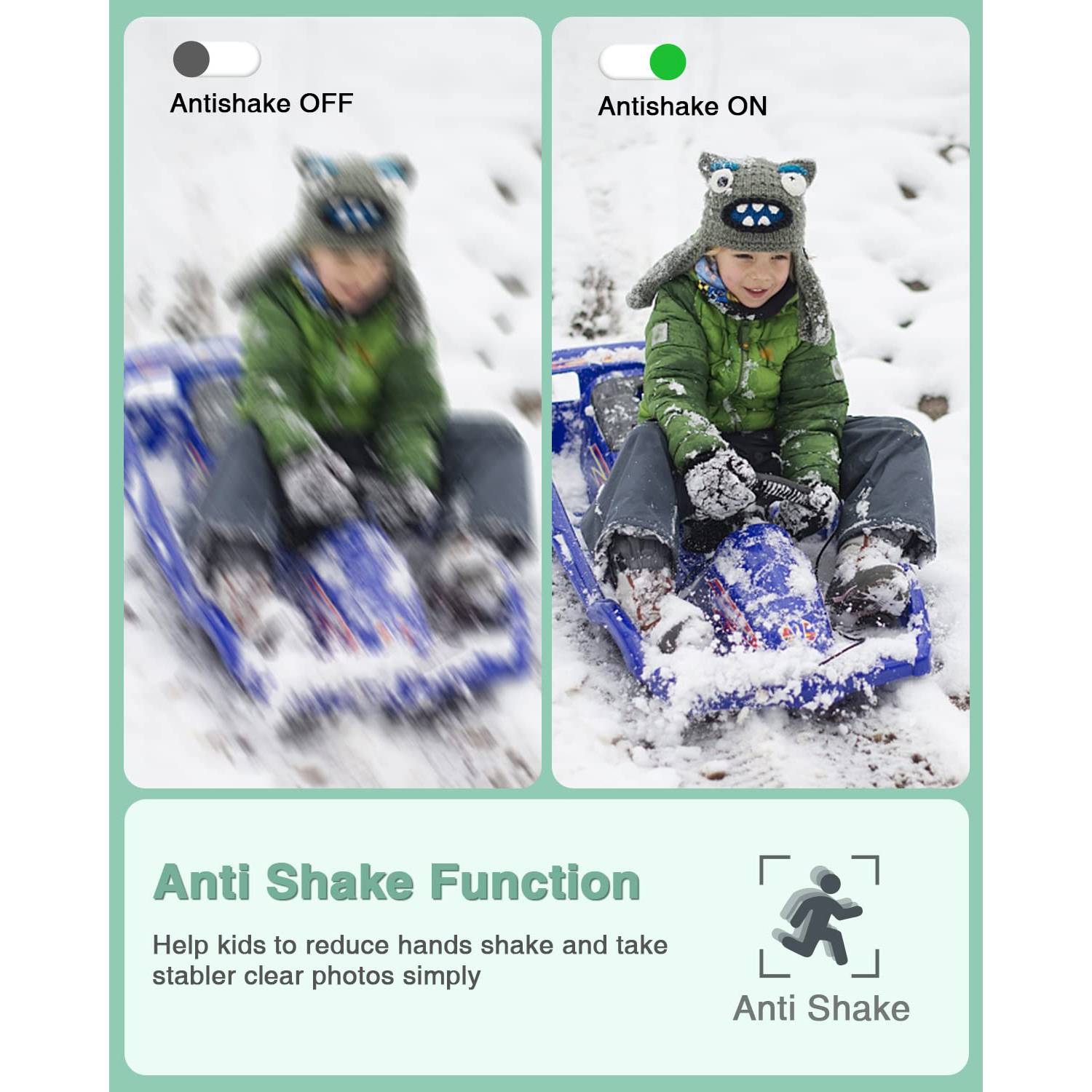 Zwei Bilder eines Kindes auf einem Schlitten im Schnee mit den Beschriftungen „Antishake AUS