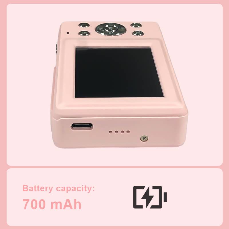 Ein rosa elektronisches Gerät mit einem Bildschirm und Tasten, das „Batteriekapazität: 700 mAh