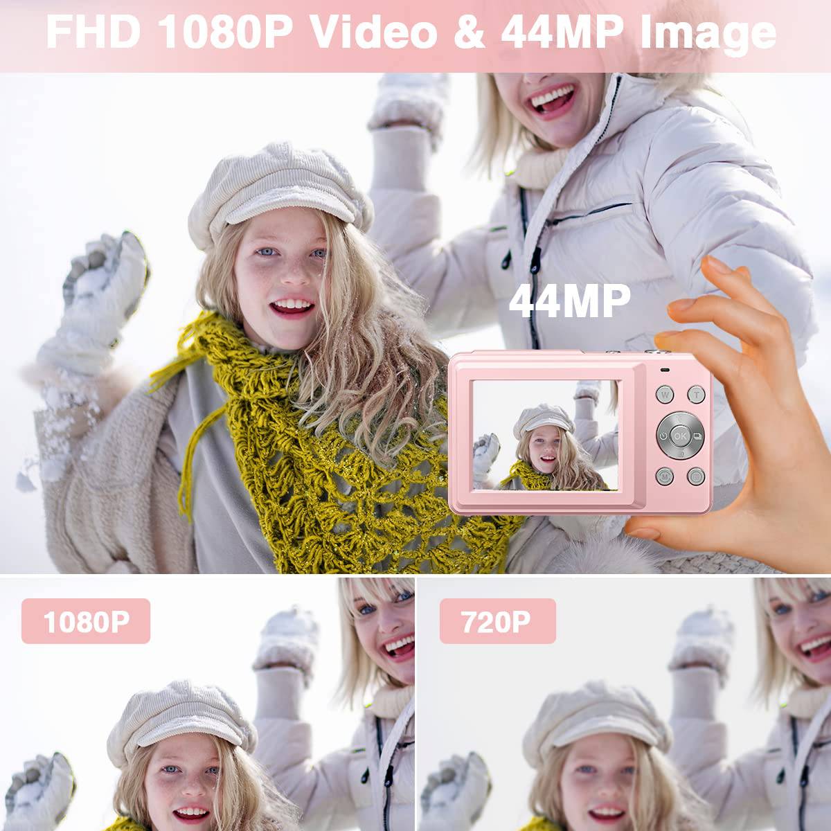 „Ein lächelndes Kind in Winterkleidung im Freien, das Schnee hält. Beschriftungstext, der „FHD 1080P-Video und 44MP-Bild