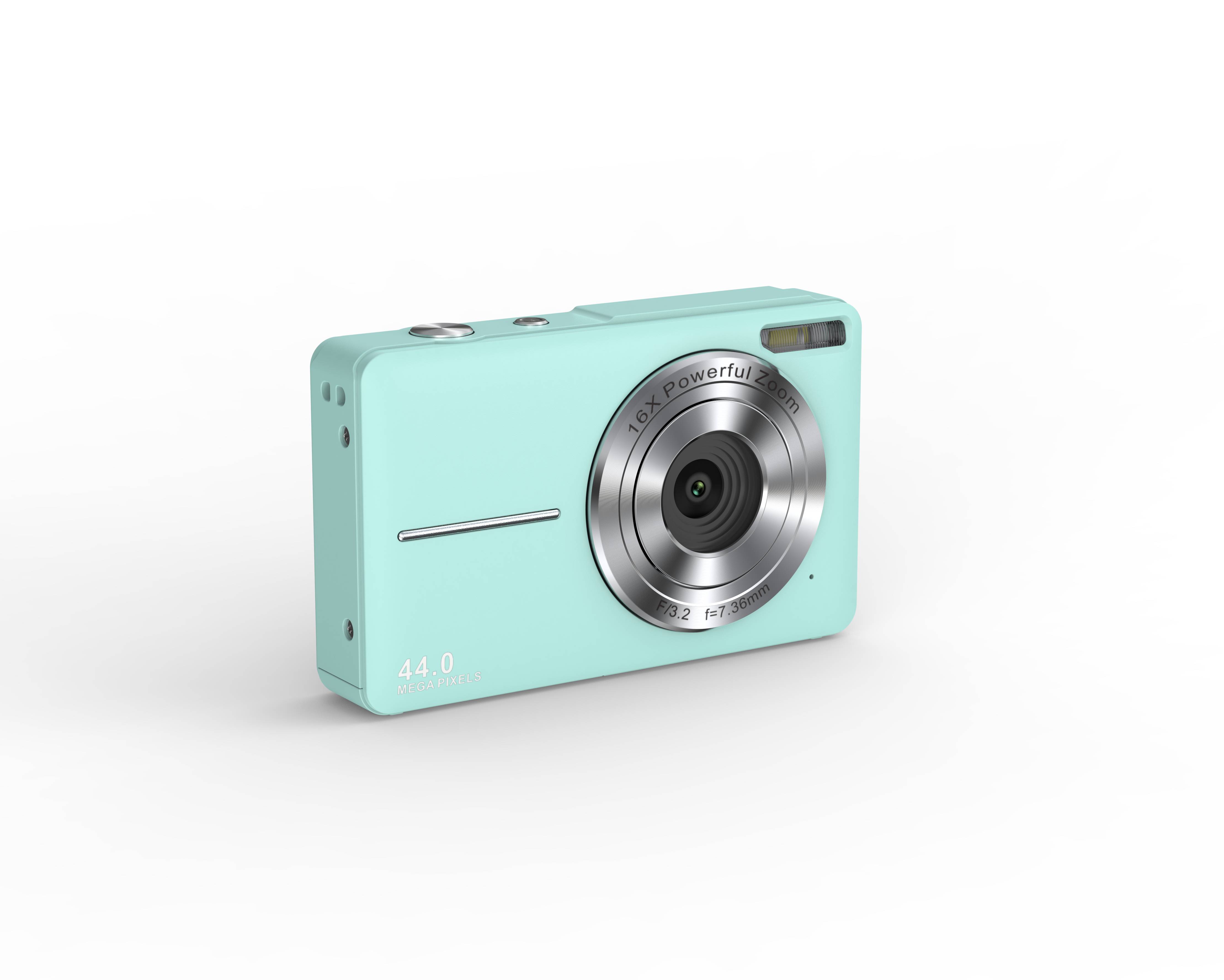 Eine hellblaue digitale Kamera mit silbernem Objektiv und der Aufschrift „16X Powerful Zoom