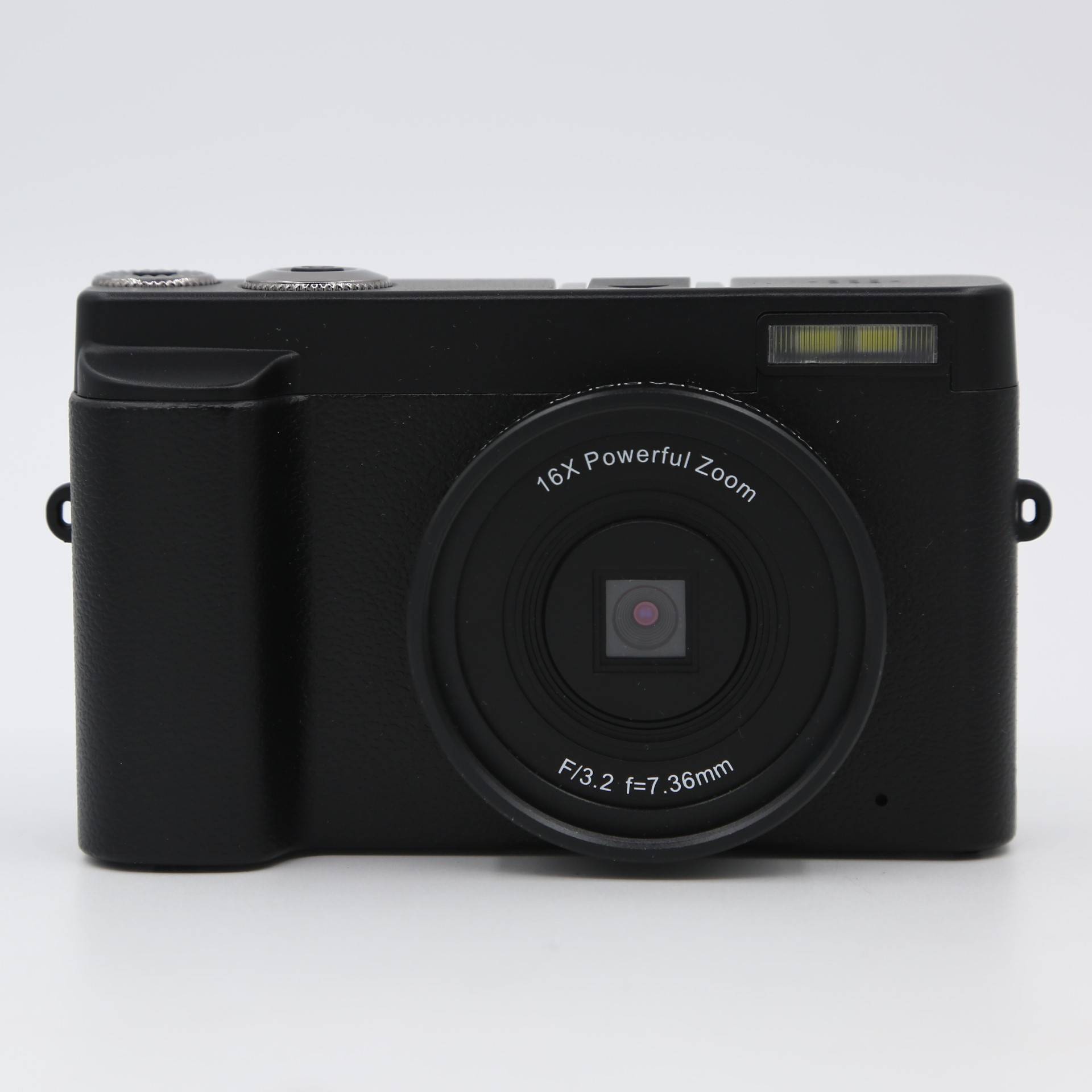Eine schwarze Digitalkamera mit einem großen Objektiv, das mit „16X Powerful Zoom
