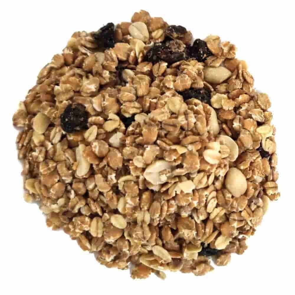 Ein rundes Müsli-Cluster mit Haferflocken, Samen und Trockenfrüchten.