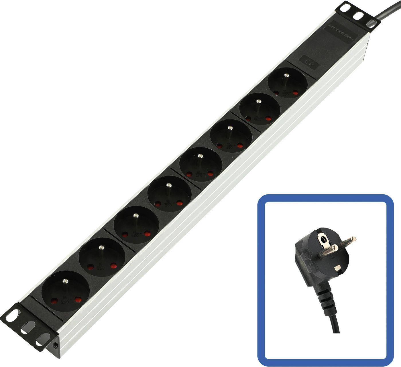 Steckdosenleiste mit acht europäischen Steckdosen und Stecker, detailliert dargestellt.
