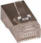Eine Nahaufnahme eines Ethernet-Kabelsteckers, die sein durchsichtiges Kunststoffgehäuse und die Metallkontakte zeigt, die für Netzwerkverbindungen verwendet werden.