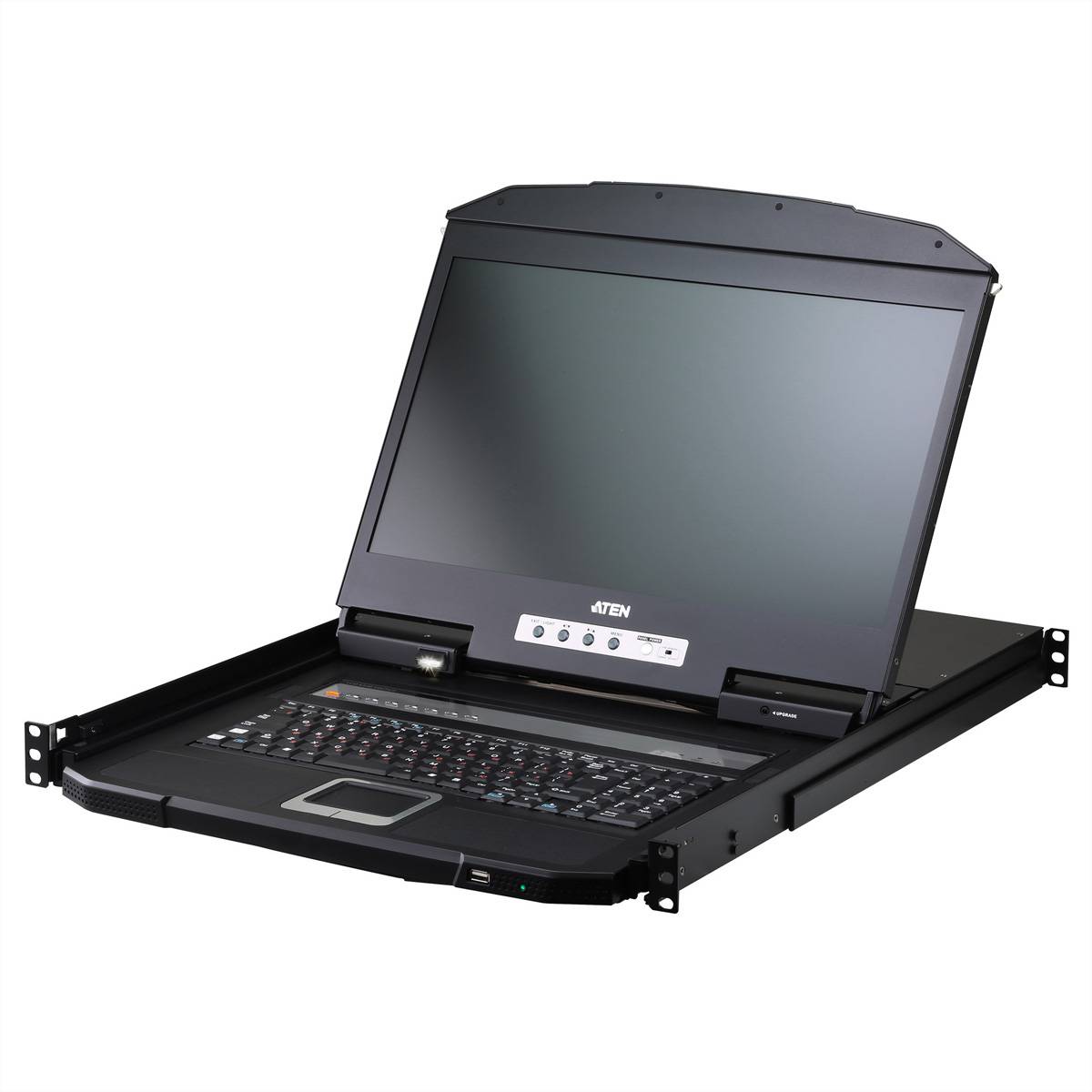Rack-montierbare KVM-Konsole mit ausziehbarer Tastatur, Touchpad und LCD-Monitor für den Zugriff auf das Serverschrank.