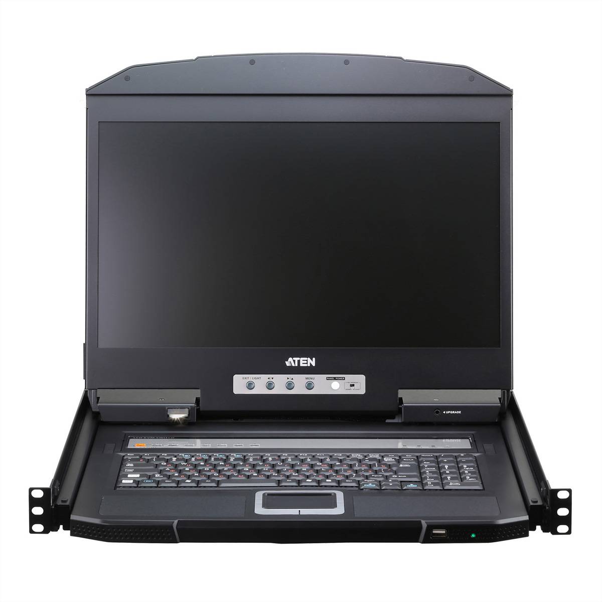 Vorderansicht einer Rackmount-KVM-Konsole mit großem Monitor, Tastatur und Touchpad in einer ausziehbaren Einheit integriert.