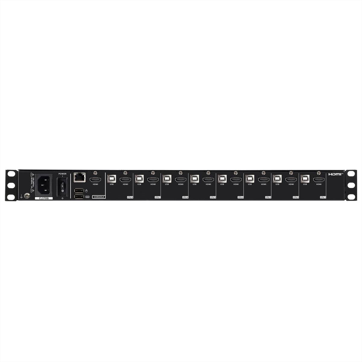 Schwarzes, in ein Rack einbaubares 1U-HDMI-Verteilgerät mit Stromeingang, Netzwerkschnittstellen und mehreren beschrifteten HDMI-Ausgängen auf der Frontblende.
