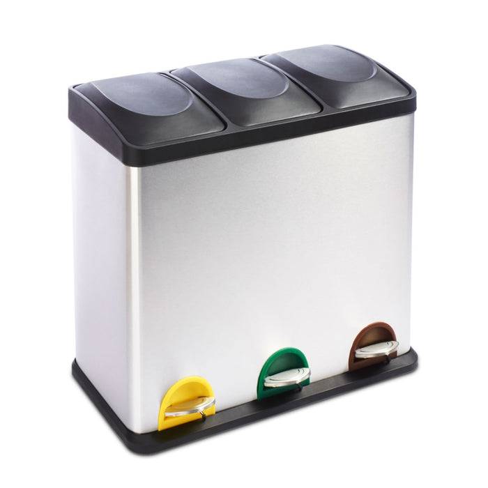 Recyclingbehälter mit drei Fächern und Fußpedalen zum Sortieren von Abfall, mit gelben, grünen und braunen Bereichen für verschiedene Materialien.