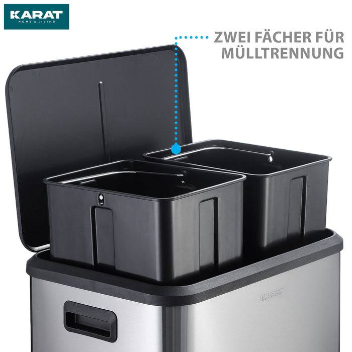 Ein Dual-Kompartiment-Mülleimer zur Mülltrennung mit abnehmbarem Deckel von Karat Home & Living. Der deutsche Text lautet „Zwei Fächer für Mülltrennung