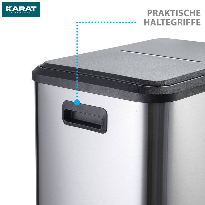 Karat Home & Living' Label oben links. Ein Metall-Mülleimer mit praktischen Griffen an den Seiten. Der Text auf der rechten Seite lautet 'Praktische Haltegriffe'.