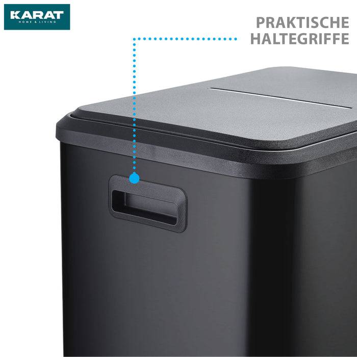 Ein schwarzer Mülleimer mit Griffdetail, gekennzeichnet mit „PRAKTISCHE HALTEGRIFFE