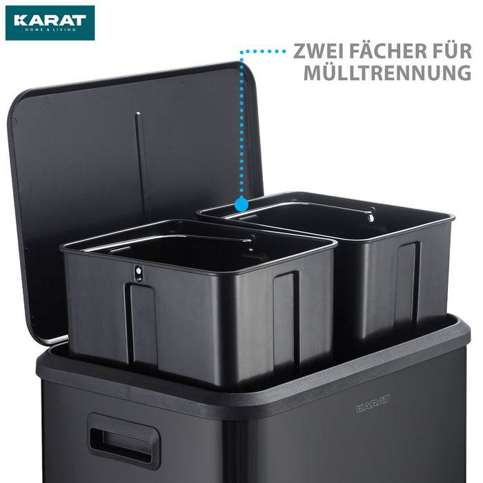 Ein schwarzer Mülleimer mit zwei Fächern, die mit 