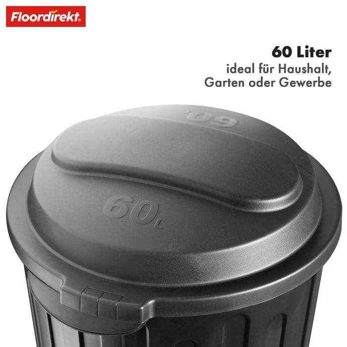 Schwarze Kunststoff-Mülltonne mit Deckel, beschriftet mit „60 Liter