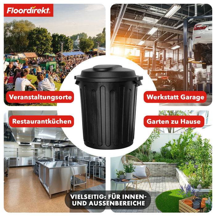 Vielseitiger schwarzer Mülleimer für den Innen- und Außenbereich. Gezeigt in Küchen, Garagen, Veranstaltungsorten und Gärten.
