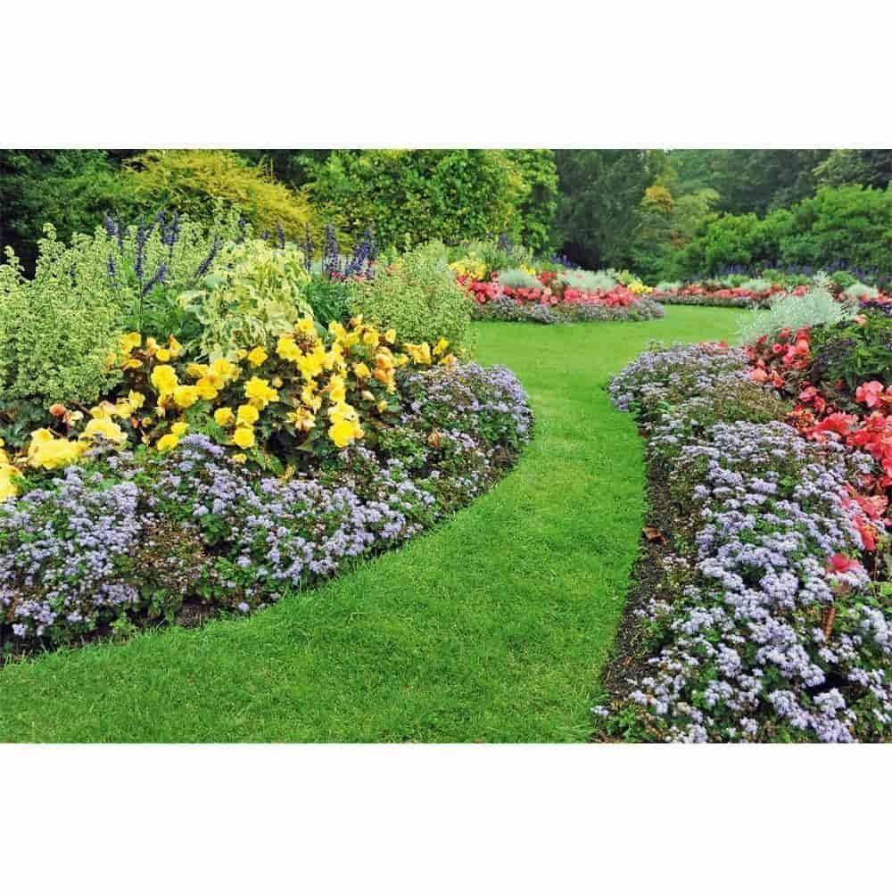 Ein lebendiger Garten mit einem grünen Grasweg, der sich durch bunte Blumenbeete mit gelben, roten und violetten Blüten schlängelt, umgeben von üppigem Grün.