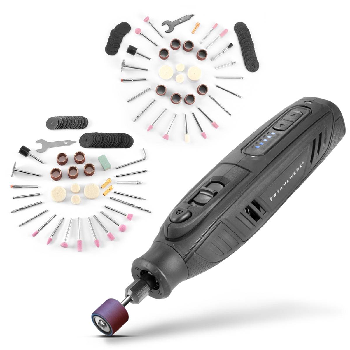 Schwarzes tragbares Elektroschleifergerät mit verschiedenen Bohrern und Aufsätzen, einschließlich Schleiftellern, Polierpads und Schleifsteinen, die um es herum angeordnet sind.