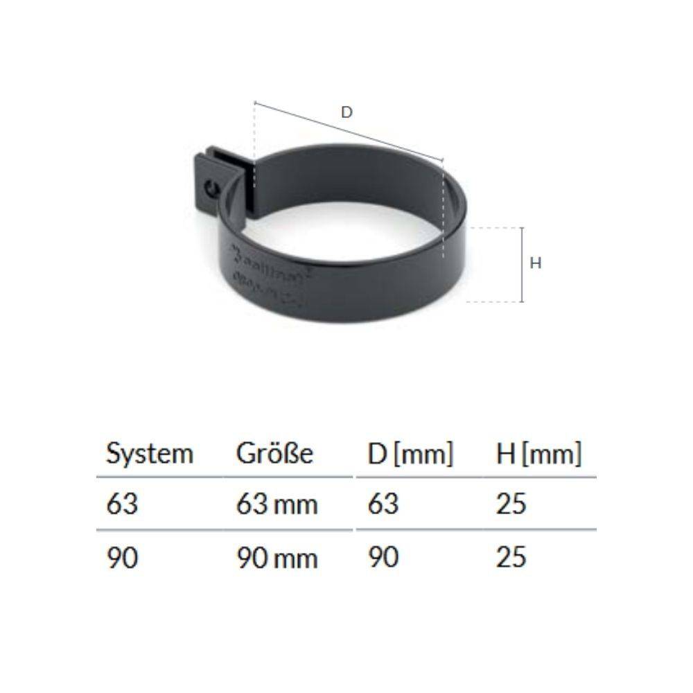 Eine kreisförmige schwarze Halterung mit den Abmessungen D=63 mm, H=25 mm. Die Tabelle zeigt die Größen: System 63 (63 mm), System 90 (90 mm), beide H=25 mm.