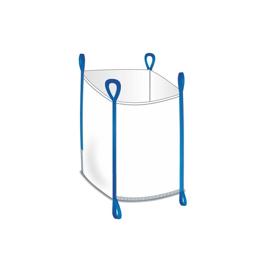 Ein großer weißer Schüttgutbehälter mit blauen Griffen an jeder Ecke wird gezeigt. Der Behälter ist oben offen und unterstreicht damit seine Kapazität für Lagerung oder Transport.