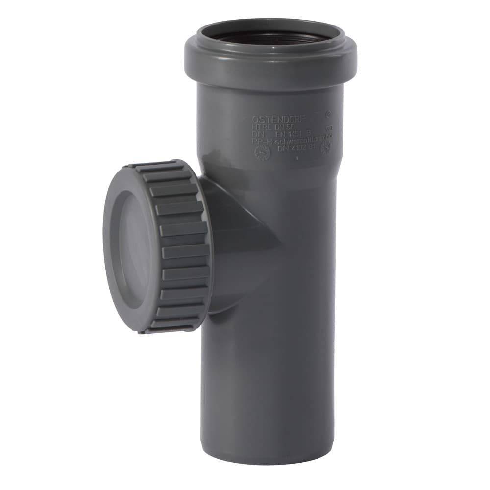 Graues Kunststoff-Abflussrohr mit Schraubkappe und T-Stück-Design. Wird in Sanitärinstallationen verwendet, um einfachen Zugang zur Reinigung und Wartung zu ermöglichen.