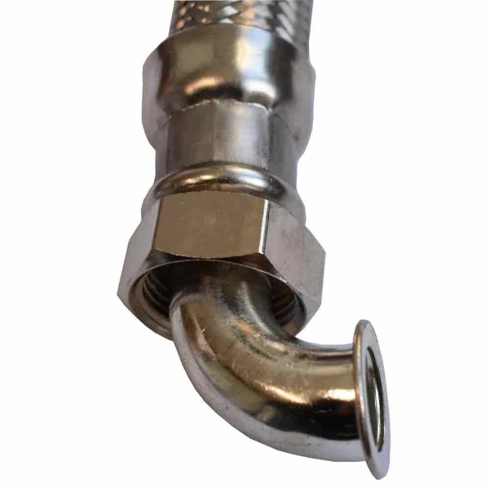 Nahaufnahme eines geflochtenen flexiblen Metallschlauchs mit gebogenem Ausgang, verwendet für Sanitäranlagen oder Flüssigkeitstransfer, zeigt die Verbindungsdetails.