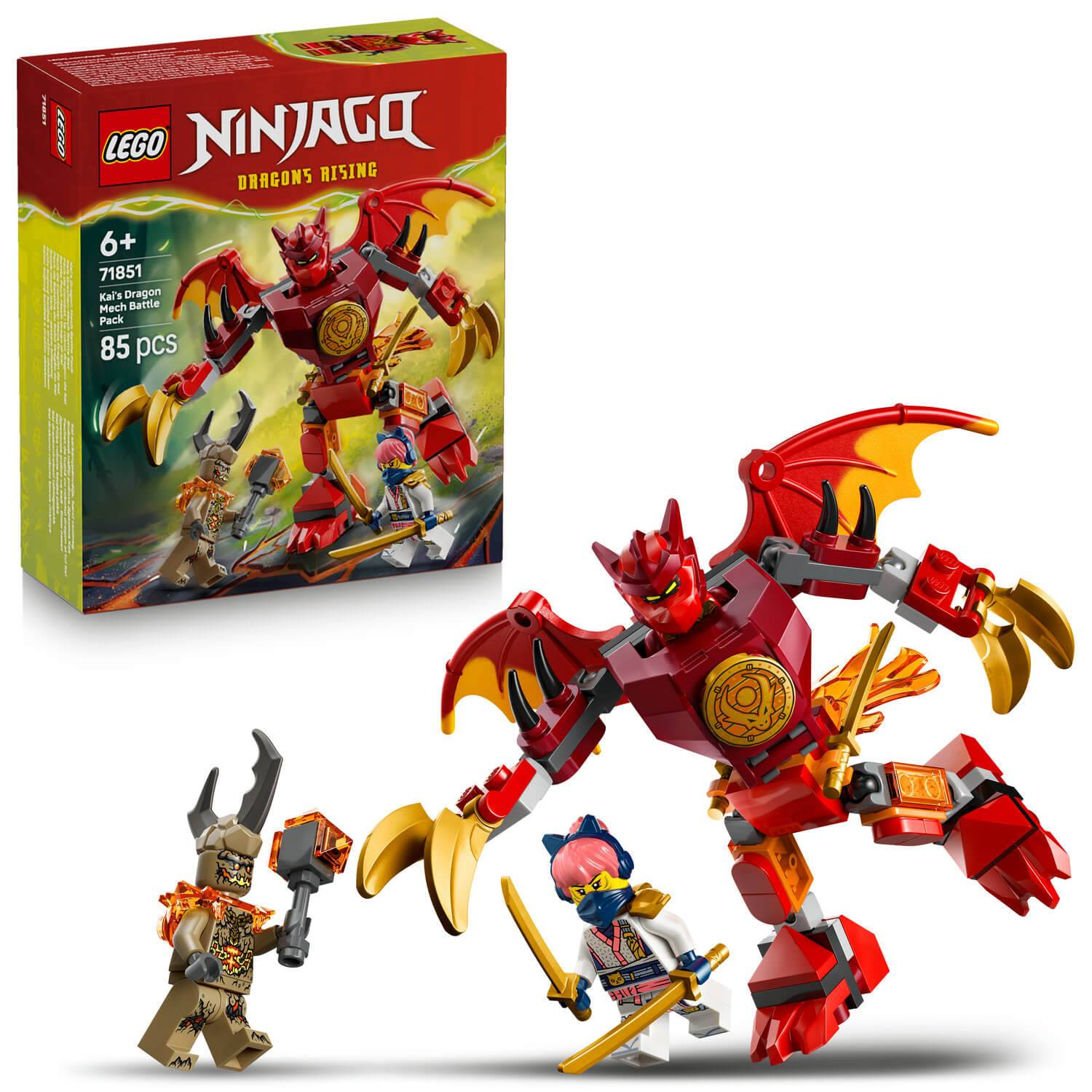 LEGO-Set mit einem roten Drachenmech, zwei Krieger-Minifiguren und einer orc-ähnlichen Figur. Die Verpackung zeigt Zusammenbaudetails für Kinder ab 6 Jahren.