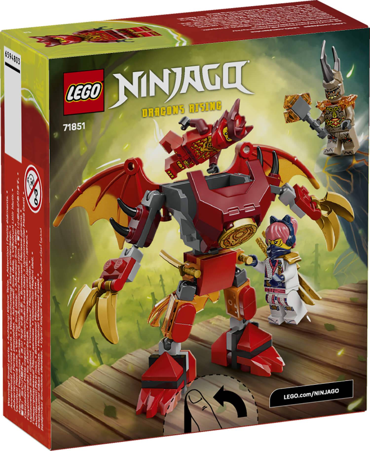 LEGO Ninjago Dragons Rising Spielzeugset-Box mit einem rot-goldenen Drachen-Roboter und Figuren vor einem Dschungel-Hintergrund.