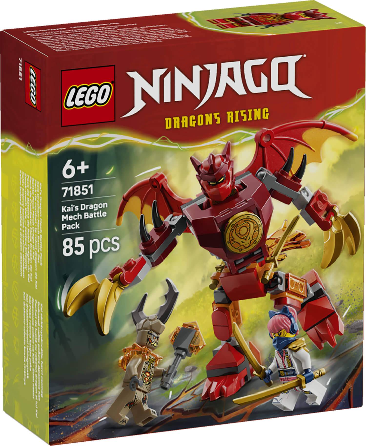 LEGO Ninjago Dragons Rising Set, Kais Mech Battle Pack. Enthält rotes Drachenmech, Rüstungsdetails, zwei Minifiguren. Ab 6 Jahren, 85 Teile.