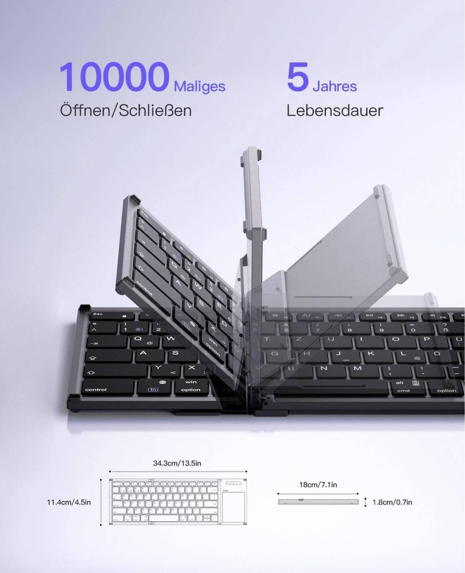 INATECK Faltbare Tastatur mit Touchpad, KI-Taste, BT 5.3, bis 3 Geräte mit Bridge Funktion, USB-C