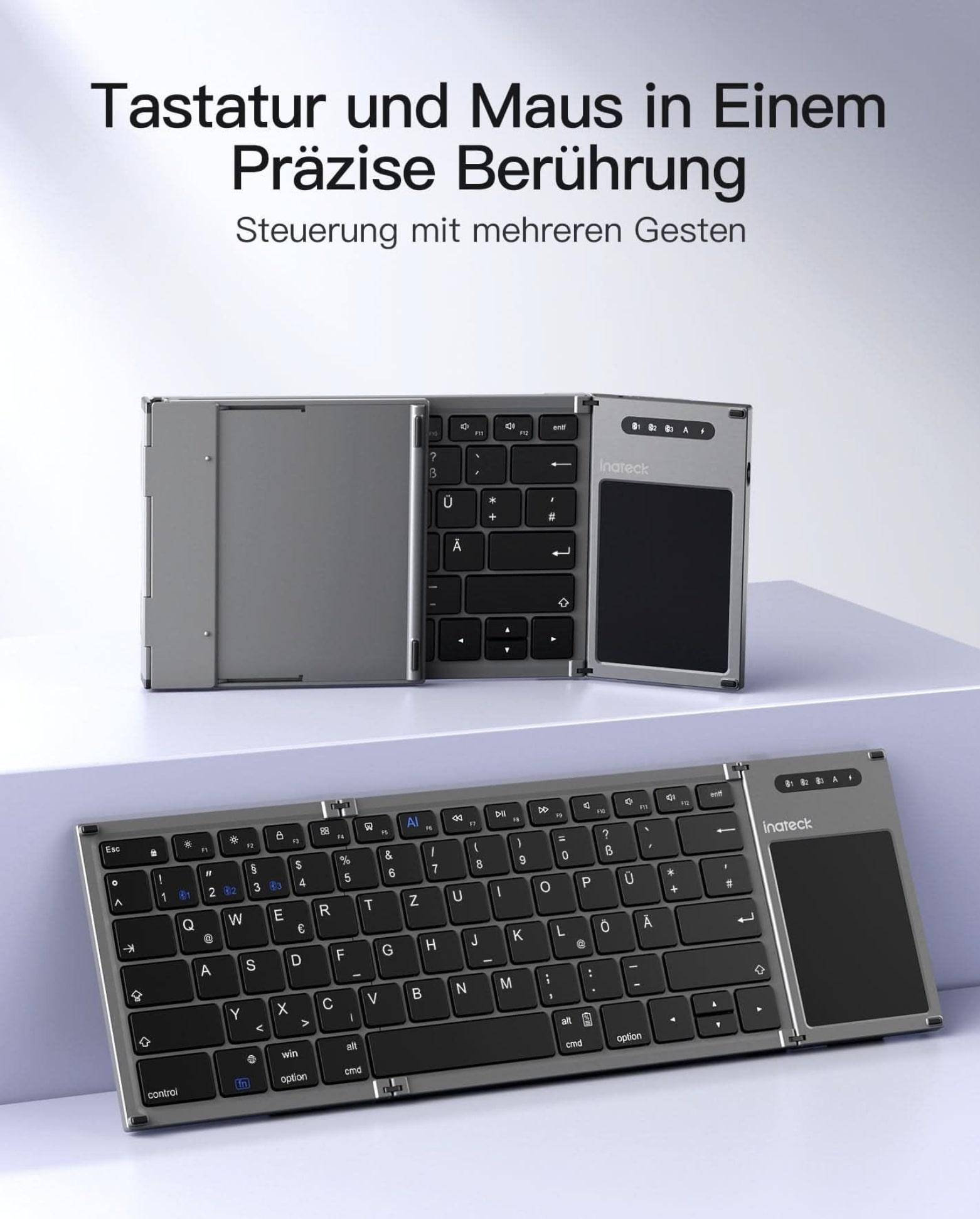 INATECK Faltbare Tastatur mit Touchpad, KI-Taste, BT 5.3, bis 3 Geräte mit Bridge Funktion, USB-C