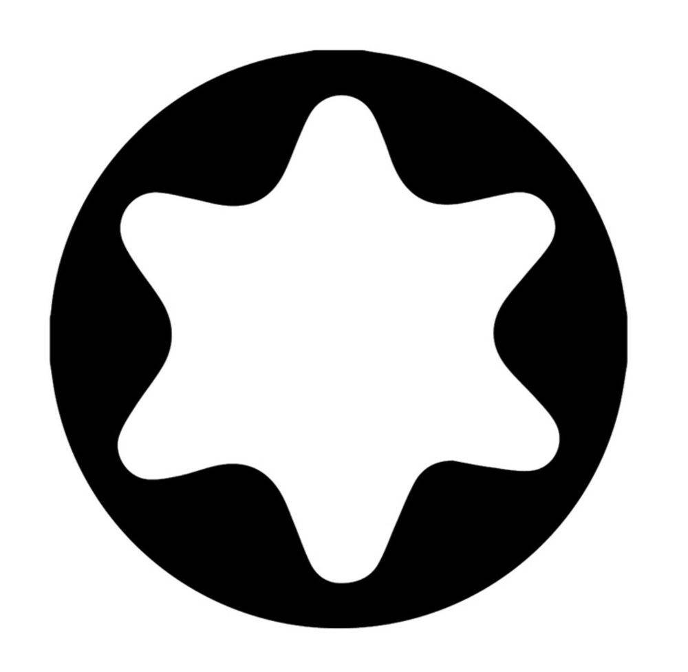 Eine Silhouette eines Torx-Schraubenkopfes mit einer sechszackigen Sternform innerhalb einer kreisförmigen Kontur.