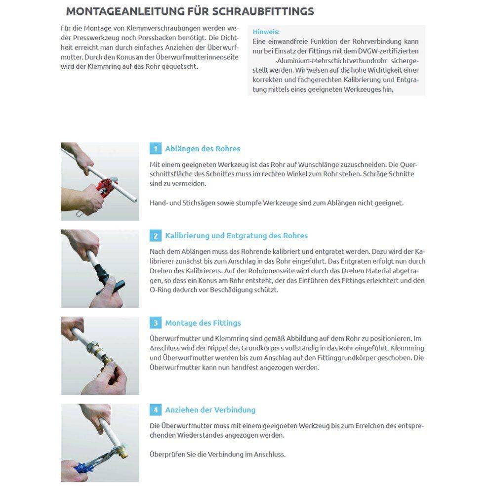 Montageanleitung für Schraubfittings: Eine Schritt-für-Schritt-Anleitung mit Bildern zur Montage von Rohrverschraubungen, Kalibrierung und Schraubanweisungen.