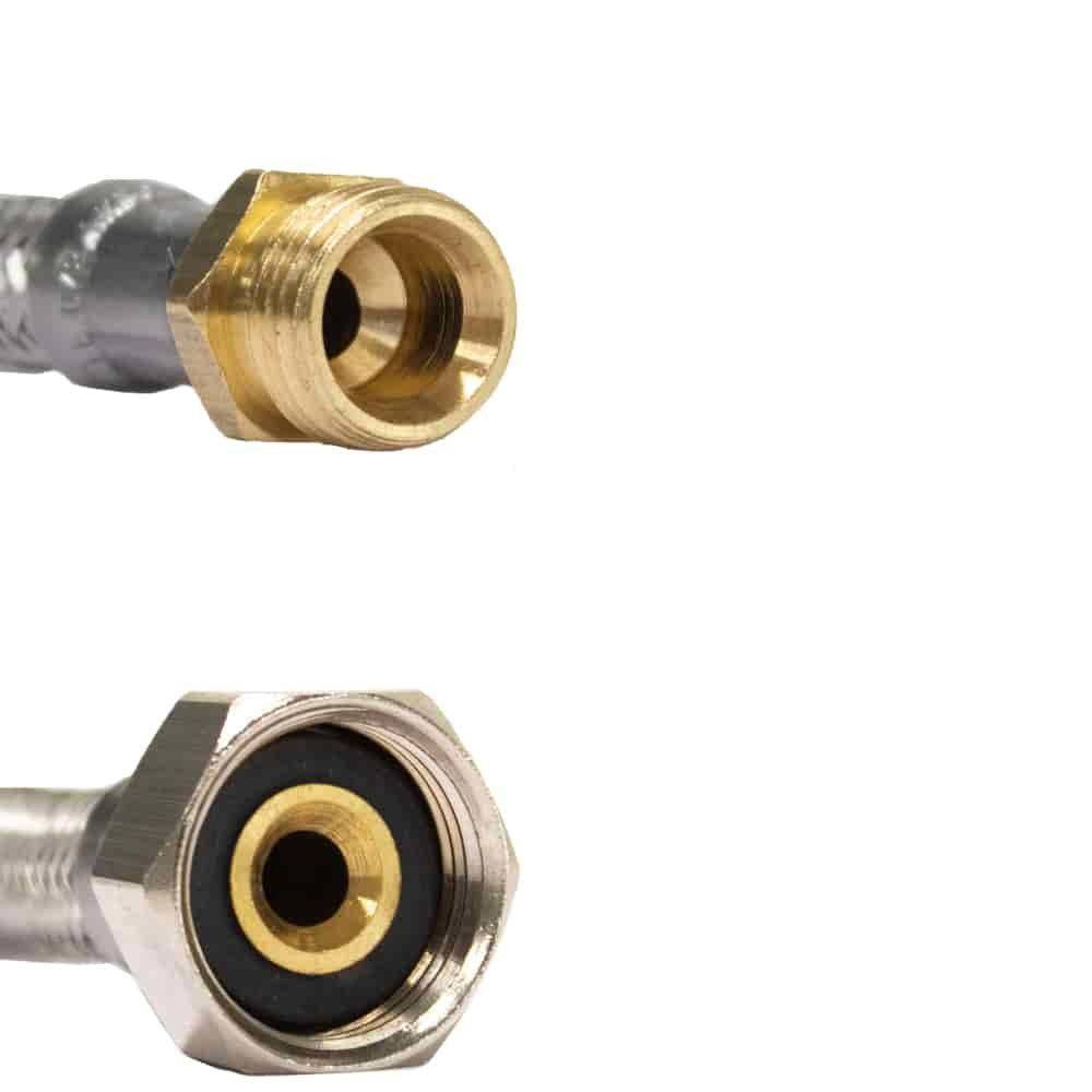 Zwei messingfarbene, sechseckige Verbinder mit Innengewinde, einer hat eine schwarze Gummieinlage. Werden für Rohrleitungen oder Fluidverbindungen verwendet.