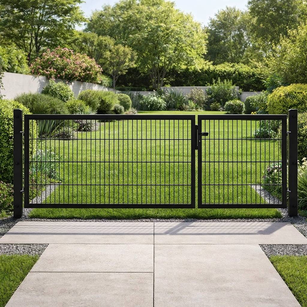 Ein schwarzes Metalltor öffnet sich zu einem üppigen, grünen Hinterhof mit gepflegtem Rasen, umgeben von Bäumen und Büschen unter einem klaren Himmel.