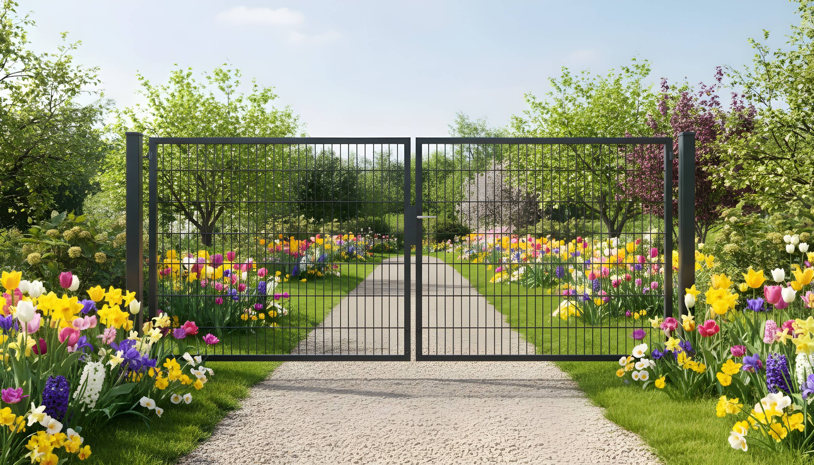 Ein Gartenweg führt durch ein Metalltor, umgeben von leuchtenden Blumen und üppigem Grün, unter einem klaren blauen Himmel.