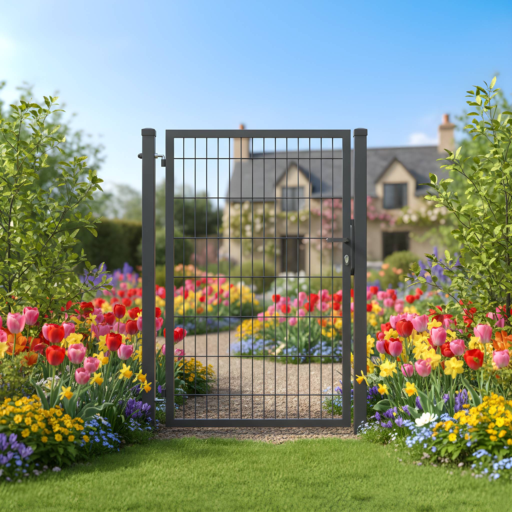 Ein Garten mit bunten Blumen und einem zentralen Weg, der zu einem Haus führt, gesehen durch ein Metalltor unter einem klaren blauen Himmel.