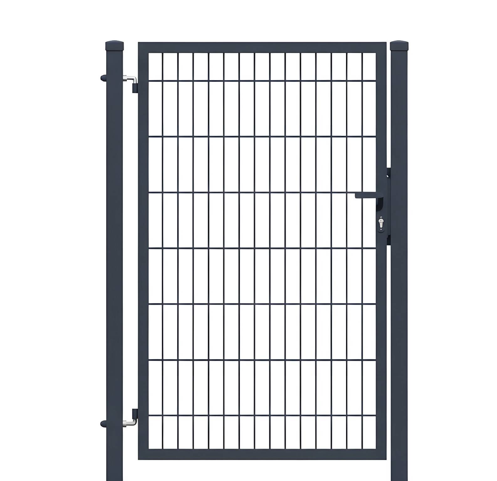 Ein schwarzes Metalltor mit vertikalen und horizontalen Stäben, das für sichere Einzäunung konzipiert ist.