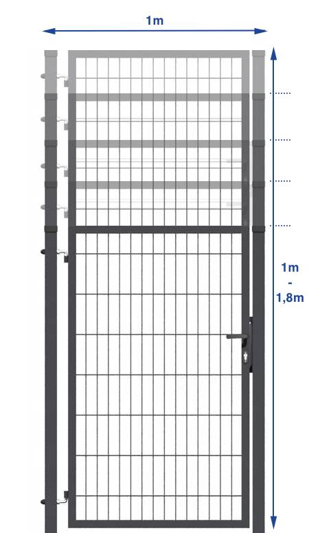 Metalltor mit vertikalen Stäben und einem Schloss, 1,8 Meter hoch, Teil einer größeren Zaunstruktur.