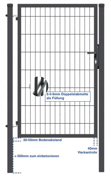 Tor mit vertikalen rechteckigen Stäben, beschriftet '6-5-6mm Doppelstabmatte als Füllung.' Abmessungen sind gekennzeichnet: 40mm Rahmen, 20-50mm Bodenabstand.