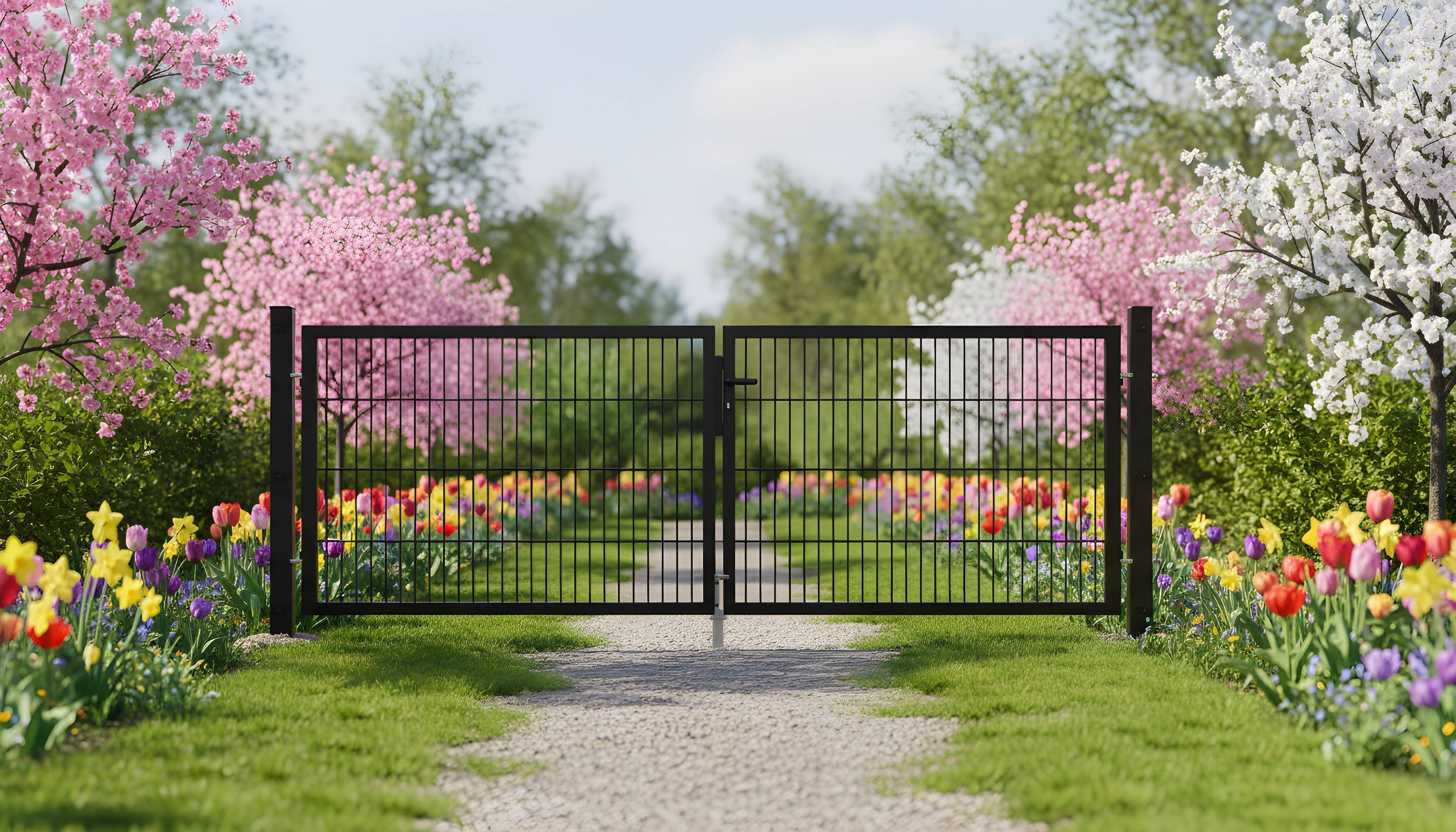 Ein Gartentor öffnet sich zu einem lebendigen Weg, der mit bunten Blumen, Kirschblütenbäumen und grünem Gras unter einem klaren Himmel gesäumt ist.