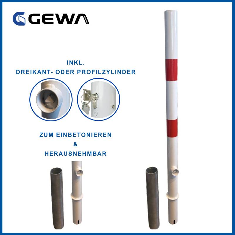 Ein weiß-roter abnehmbarer Poller zum Einbetonieren, mit einem dreieckigen oder profilförmigen Zylinderschloss. Marke: Gewa.