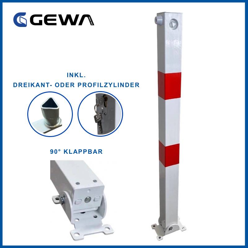 Ein weiß-roter Parkpfosten mit dreieckigem Schließmechanismus, Marke „GEWA