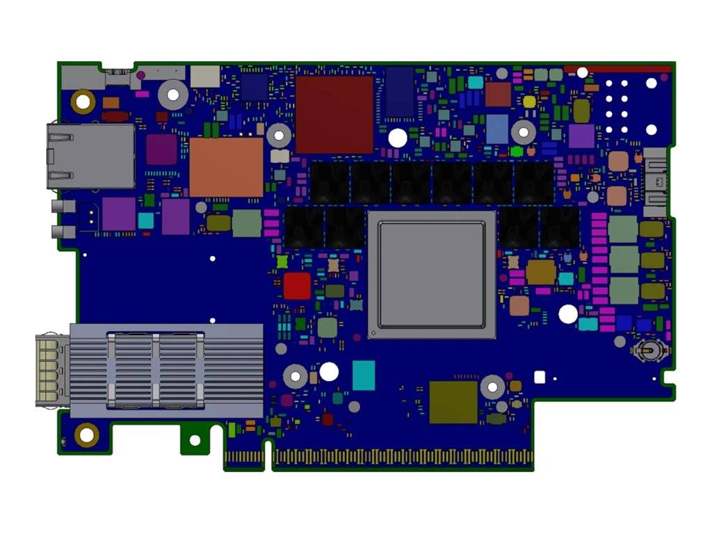 Draufsicht einer Leiterplatte mit einem großen zentralen Chip, Anschlüssen an den linken und unteren Kanten und vielen kleinen elektronischen Komponenten.