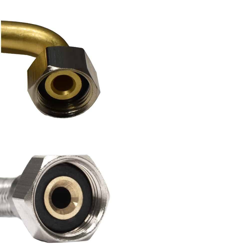 Zwei Nahaufnahmen von Hydraulikschlauch-Anschlüssen zeigen unterschiedliche Ausführungen: eine Messingausführung mit 90-Grad-Biegung und eine silberne gerade Verschraubung.