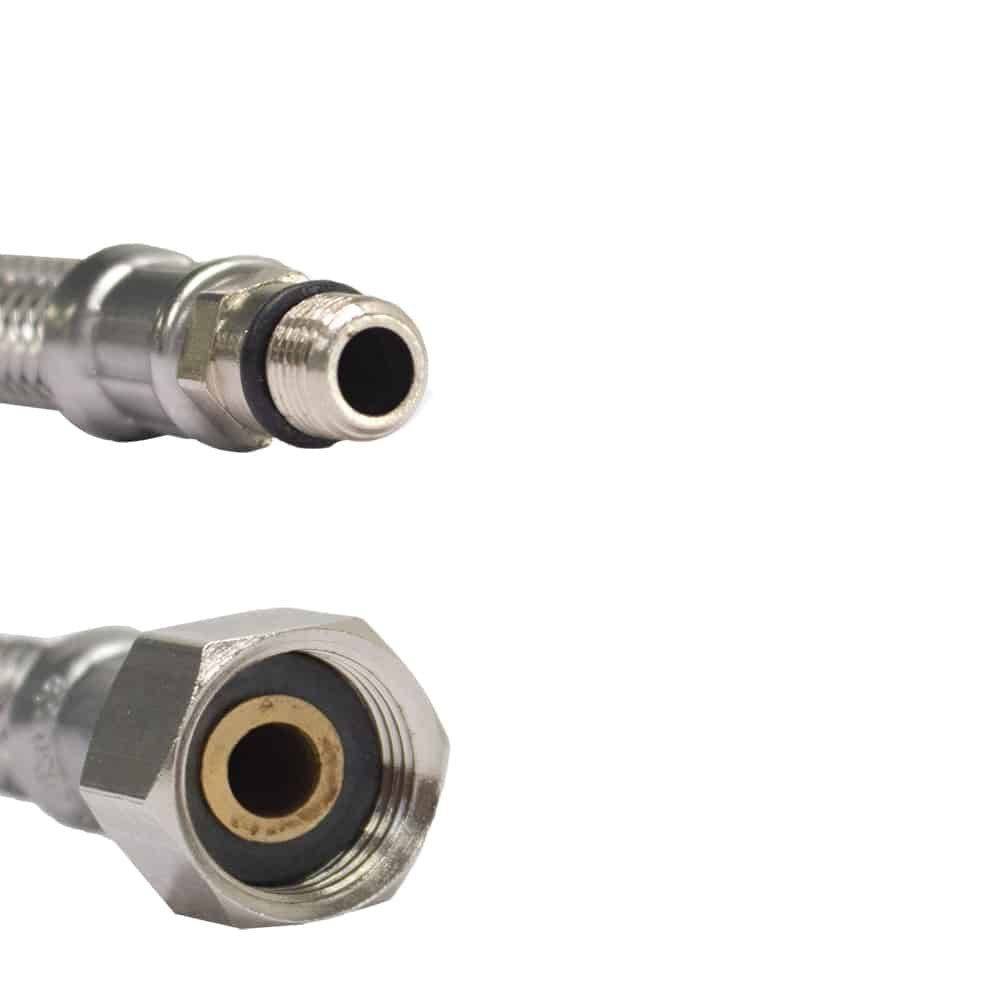 „Zwei Metallschlauchverbinder mit Gewinde-Enden und Gummidichtungen, entwickelt für sichere Befestigung in Sanitär- oder Industrieanwendungen.