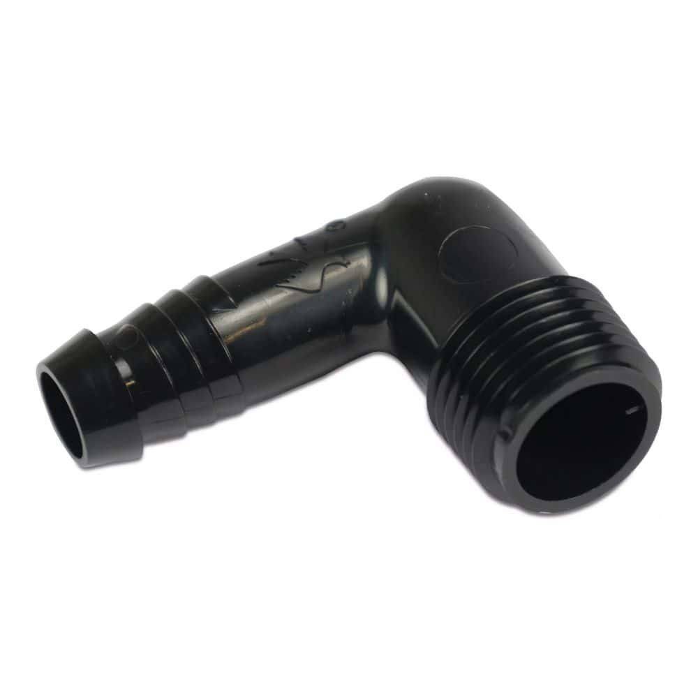 Schwarzes Kunststoffrohr-Winkelstück mit gezahnten und Gewinde-Enden, das zum Verbinden von Schlauch- und Rohrsystemen in einem 90-Grad-Winkel verwendet wird.