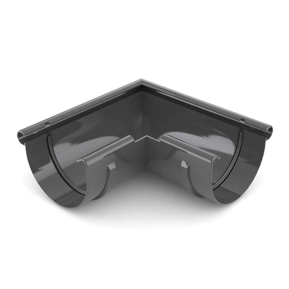 Ein dunkelgrauer Dachrinnenverbinder mit rechtem Winkel und glatter Oberfläche, der zwei Endöffnungen aufweist, die zum Verbinden von Dachrinnenabschnitten ausgelegt sind.