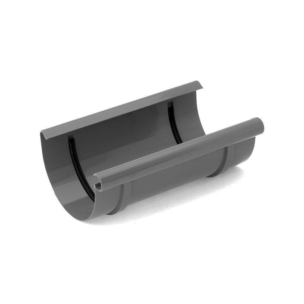 Grauer Kunststoff-Halbrunddachrinnen-Verbinder mit glatter Innenfläche zur Ableitung von Regenwasser.