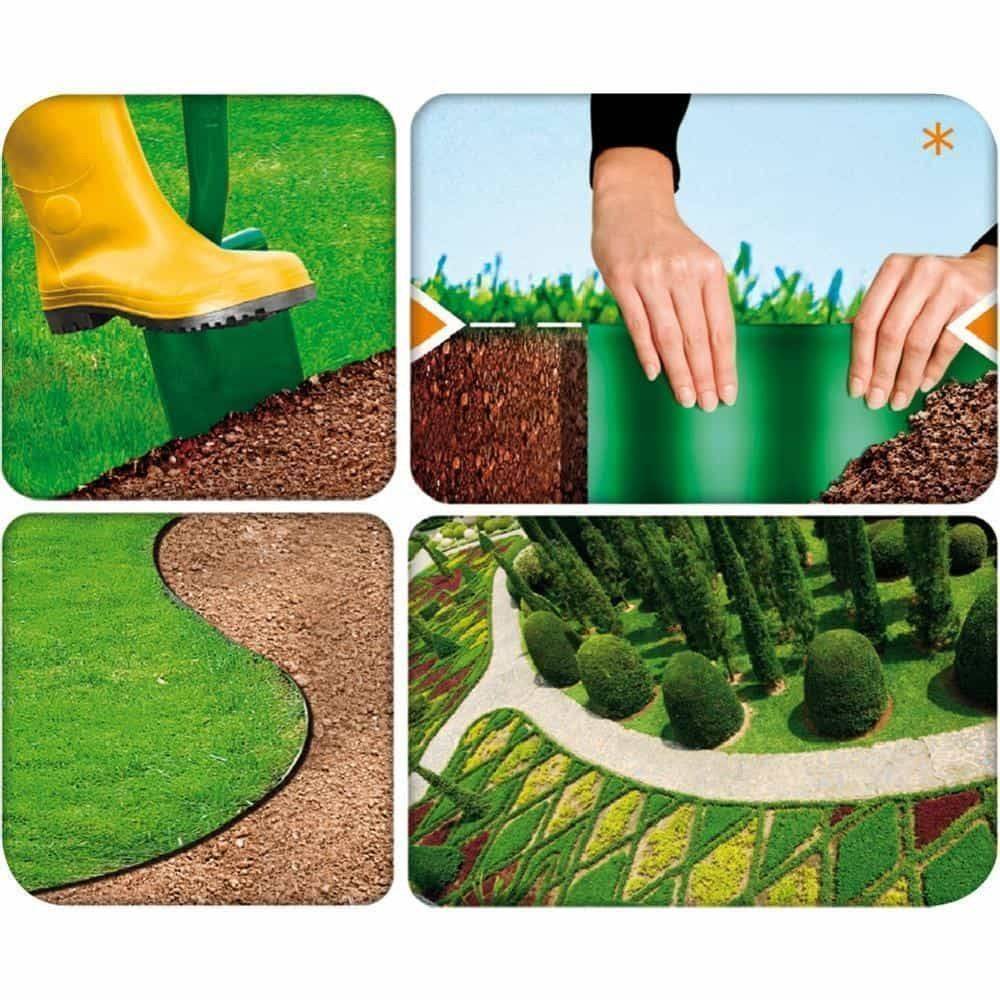 Installationsschritte für Garteneinfassungen: mit dem Stiefel auf den Kantenschneider treten; flexible Barriere mit den Händen positionieren; geschwungener Gartenweg auf Gras; bepflanzte Landschaftsgestaltung.