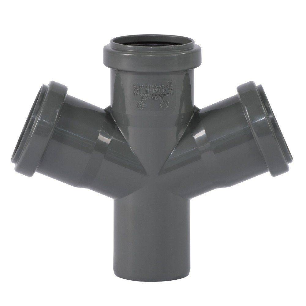 Ein graues dreiweges PVC-Rohrverbindungsstück mit zwei abgewinkelten Anschlüssen, das für Sanitär- und Flüssigkeitsverteilungssysteme verwendet wird.